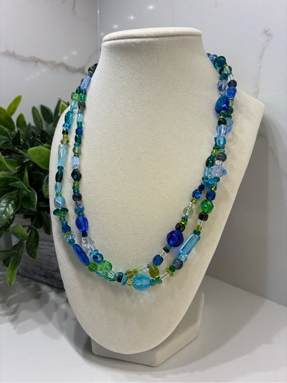 Elegant Multicolor Blue & Green Glass Beaded Necklace
